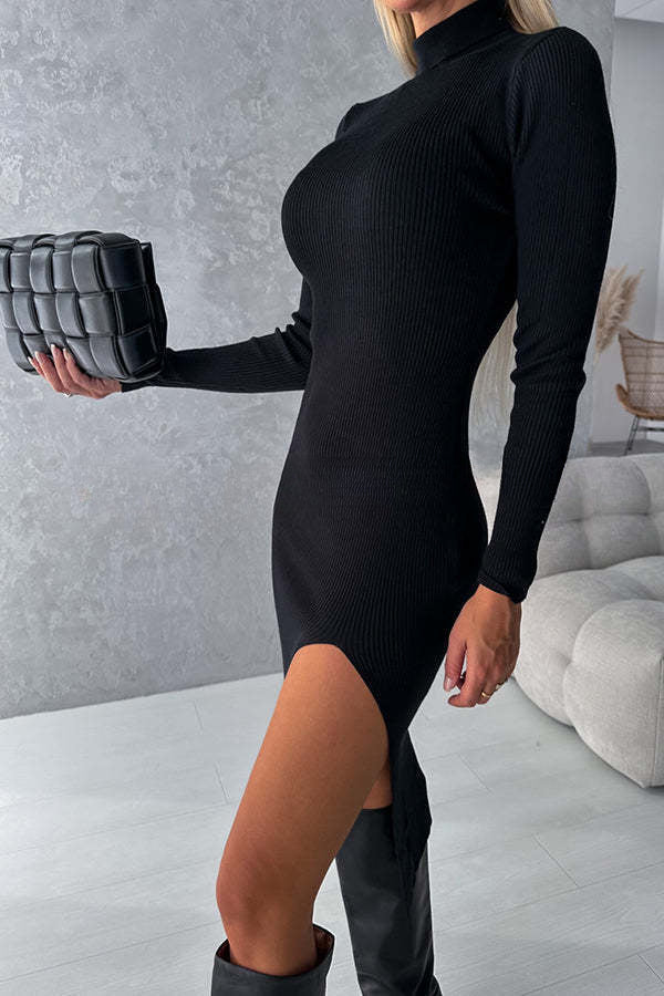 Morning Escape Knit Turtleneck Long Sleeve Slit Irregular Midi Dress