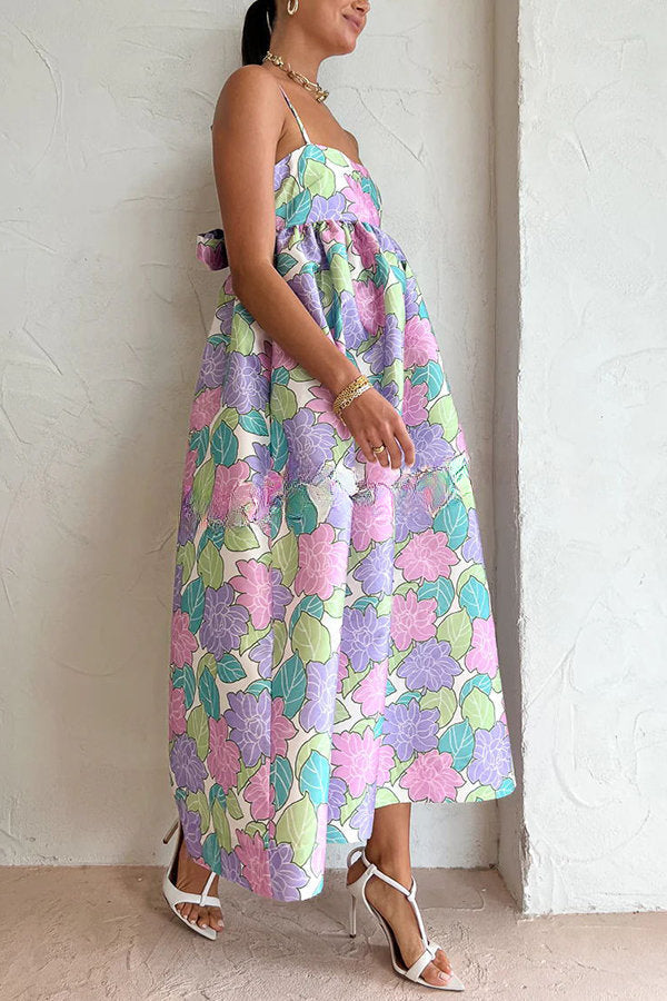 Garden Goddess Floral Printed Back Bow Design A-line Midi Dress