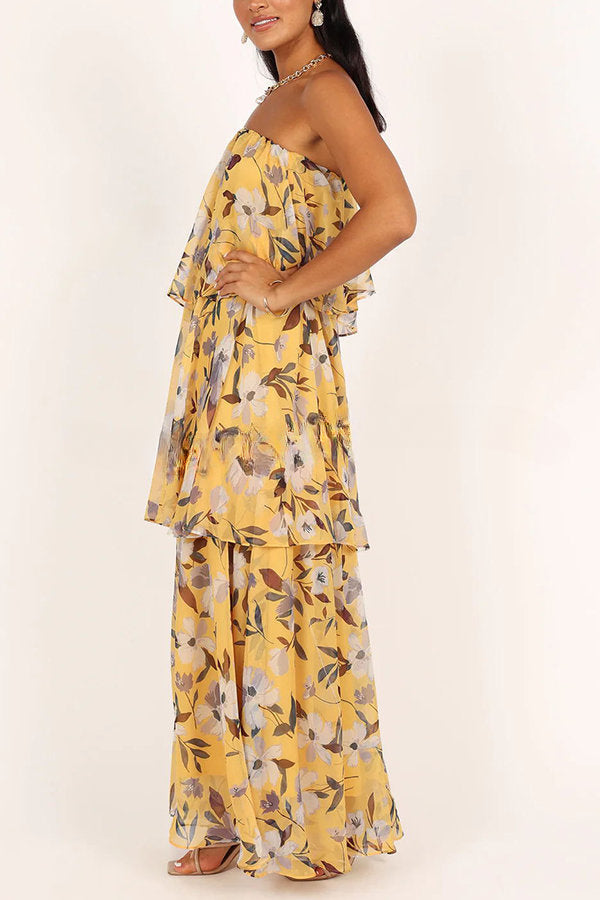 Sweet and Charming Printed Strapless Drop Tiered Ruffle Maxi Dress