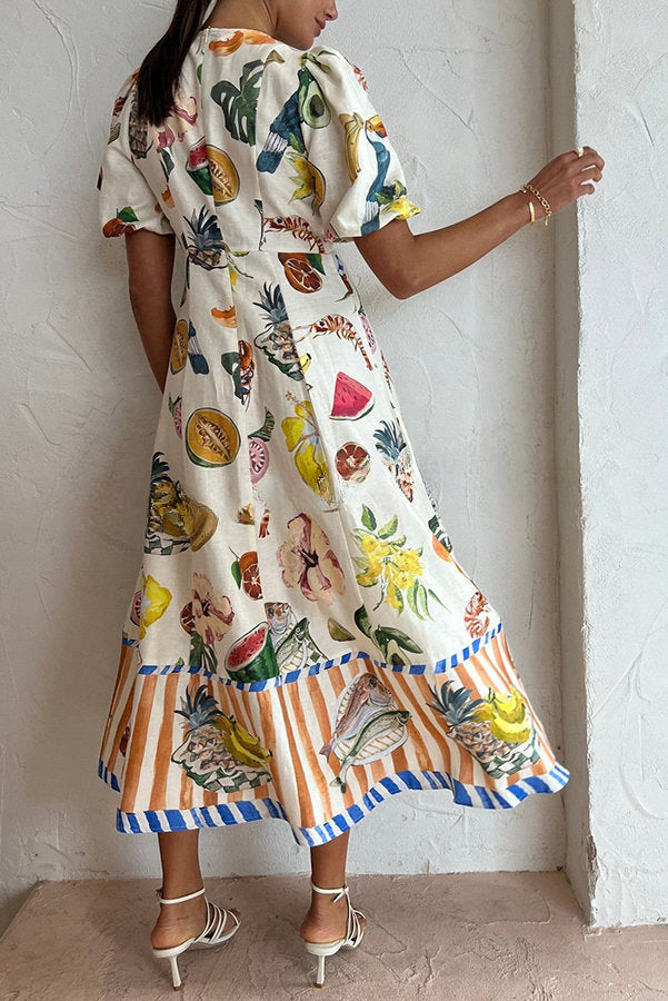 Summer Dream Linen Blend Tropical Fruit Print Puff Sleeve Midi Dress