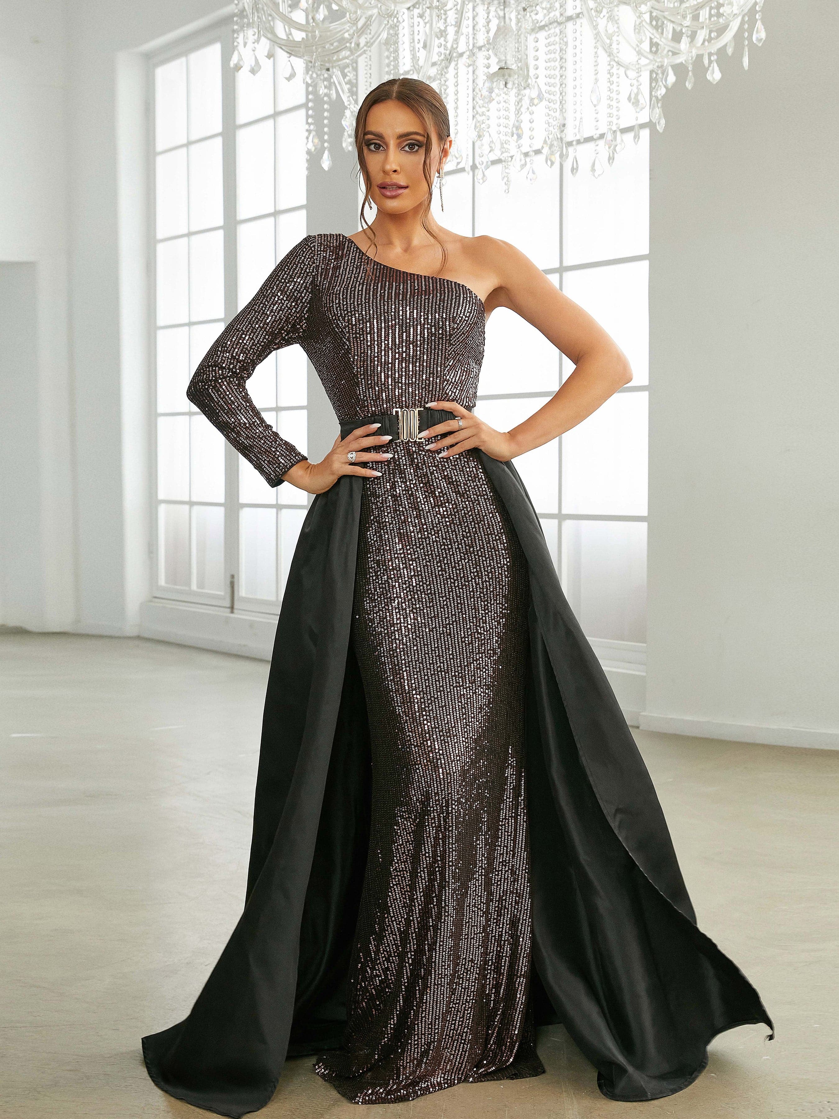 One Shoulder Cloak Maxi Sequin Prom Dress XHP2172