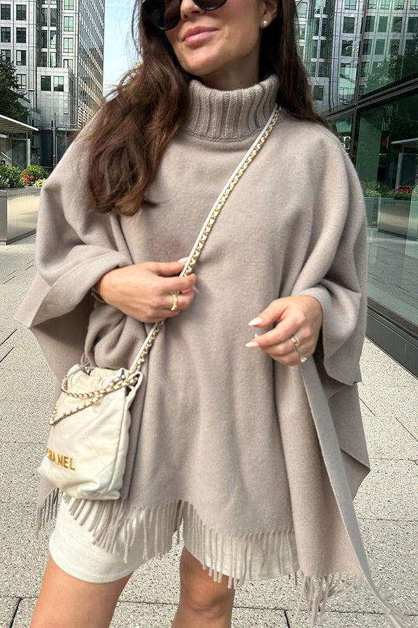 London Dream Knit Turtleneck Tassel Hem Cape Loose Sweater