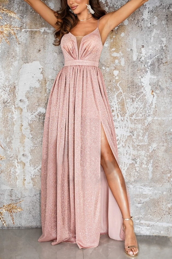 Formal Ready Shiny Fabric Mesh Slit Maxi Dress