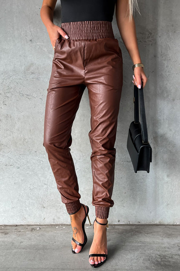 Leja Widened Elastic Waist Faux Leather Pocket Joggers