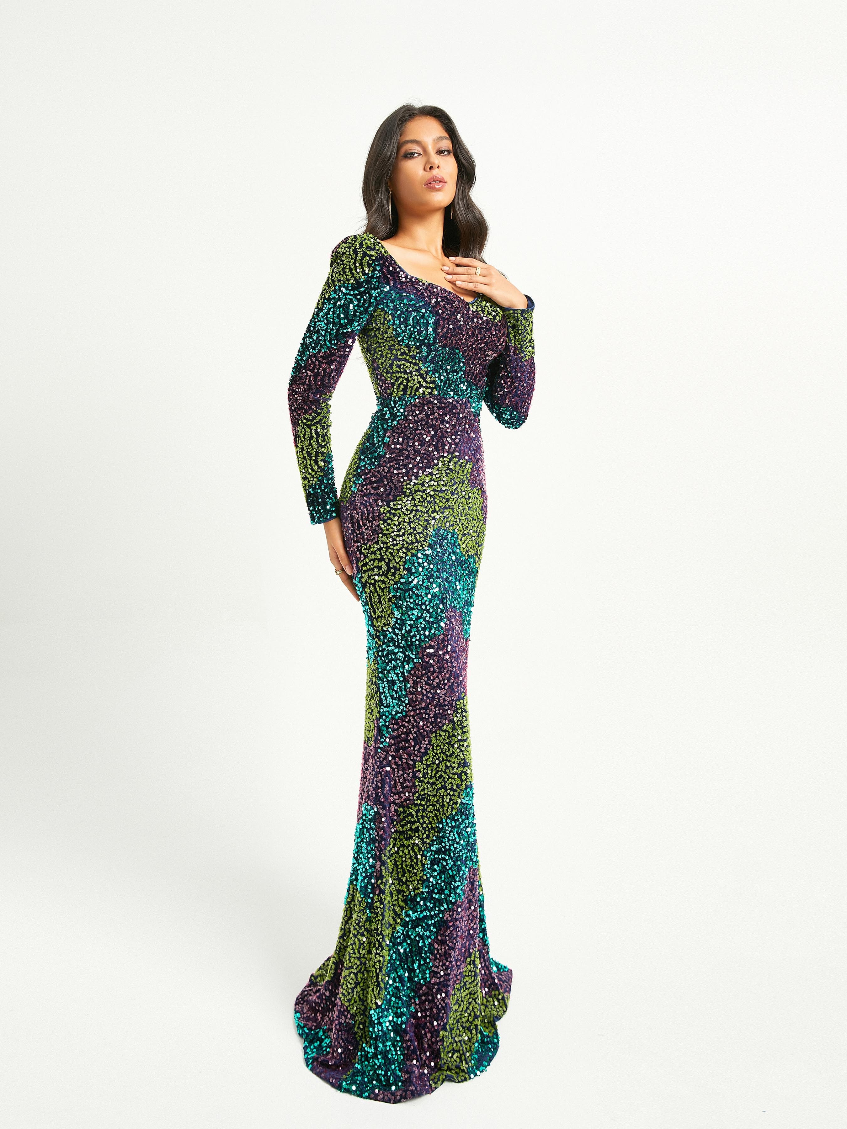 Square Neck Multicolor Sequin Mermaid Evening Dress RJ10740