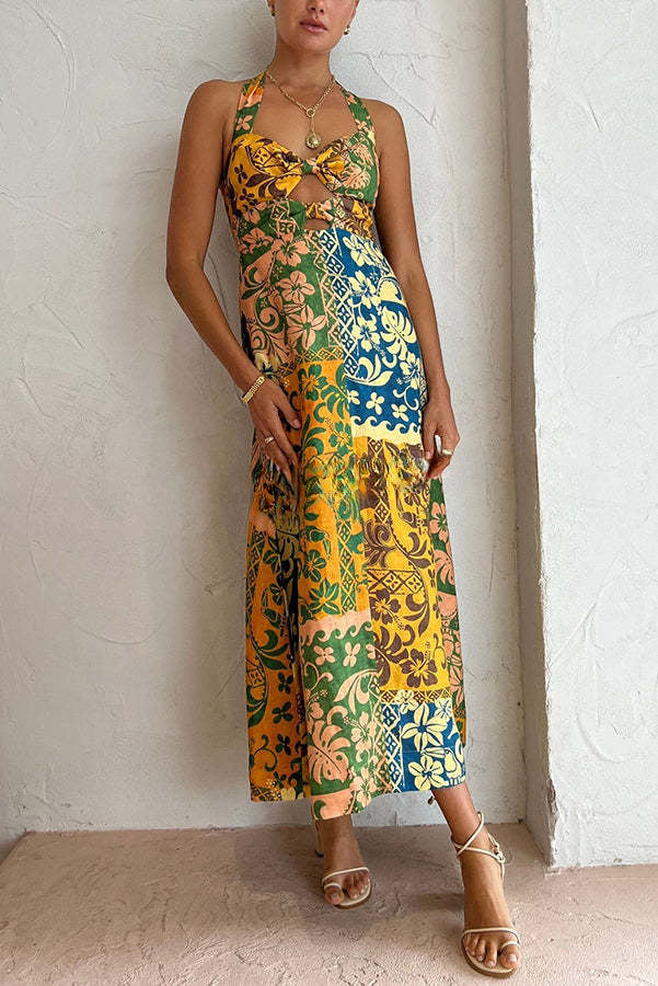 Colorful Dating Linen Blend Printed Cutout Back Smocked Halter Midi Dress