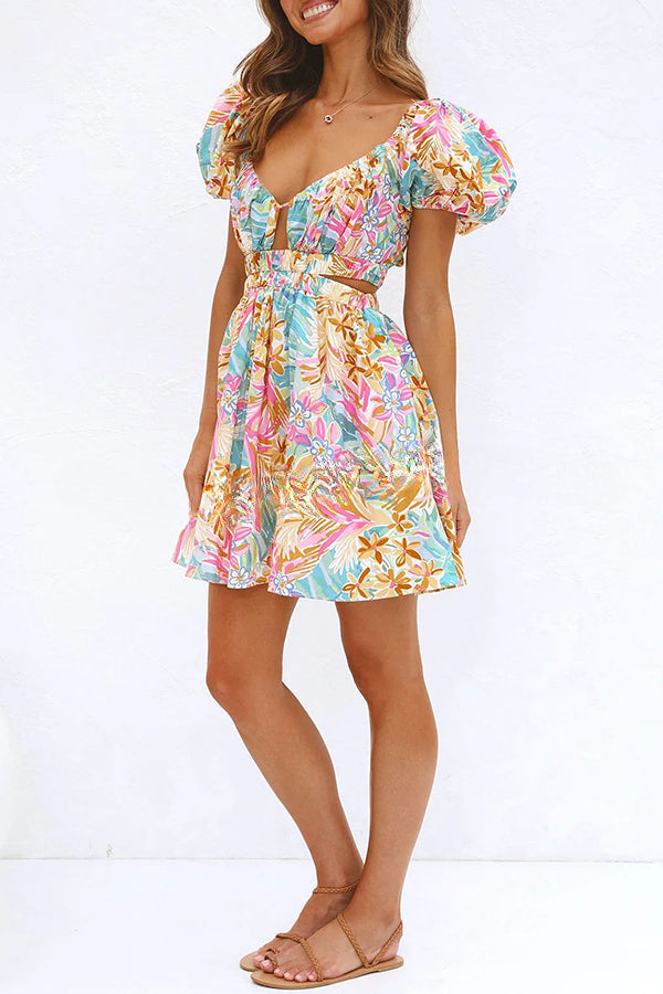 How Sweet Floral Puff Sleeve Cutout Elastic Waist Mini Dress