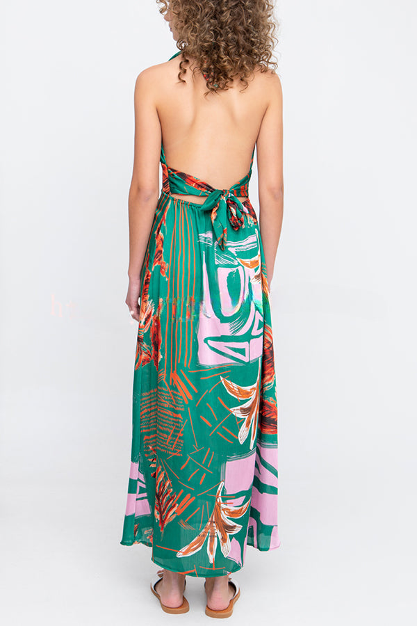 Hidden Paradise Tropical Printed Cross Over Halter Backless Maxi Dress