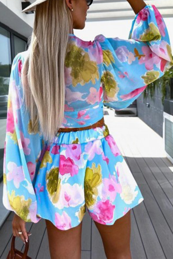 Floral Printed Balloon Sleeve V Neck Shirt Elastic Waist Straight Leg Shorts Set