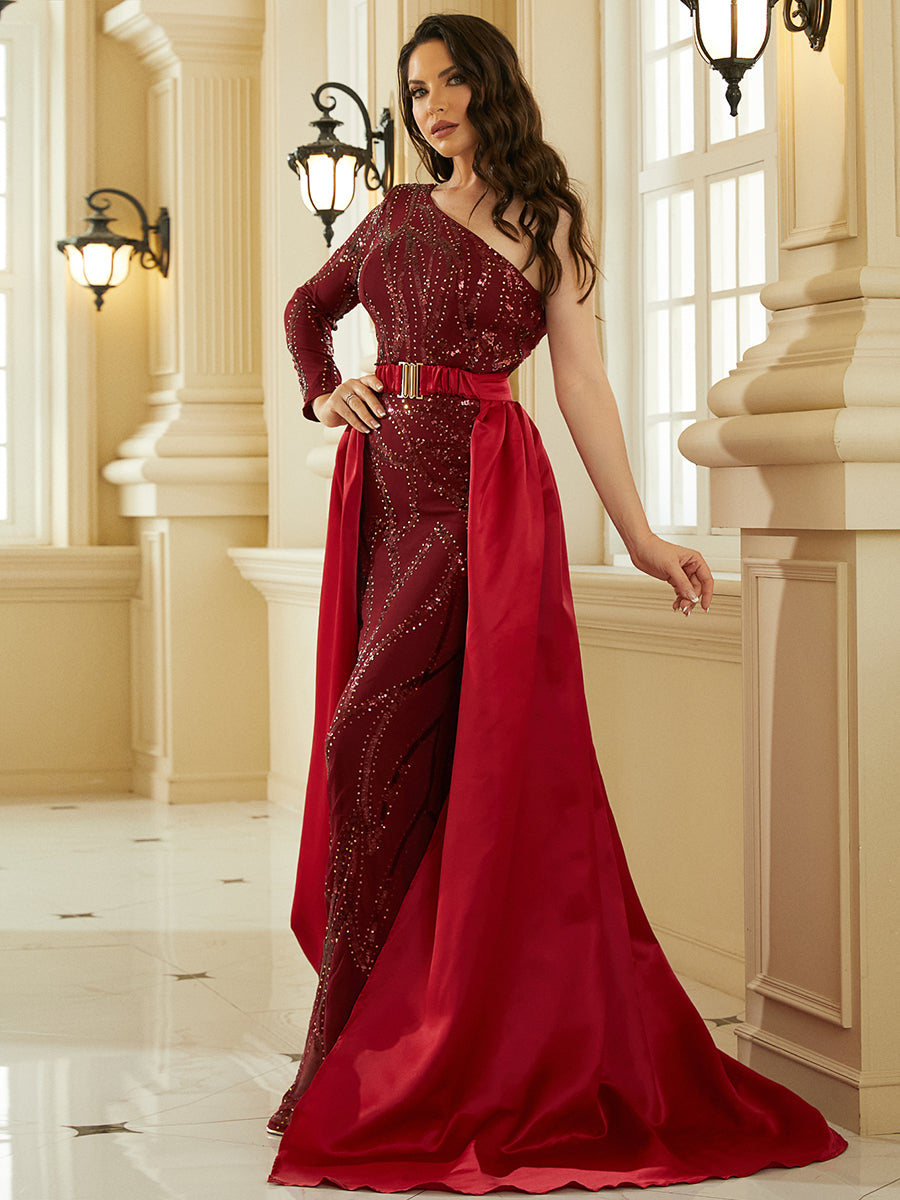 One Shoulder Cloak Sequin Prom Dress XH2172