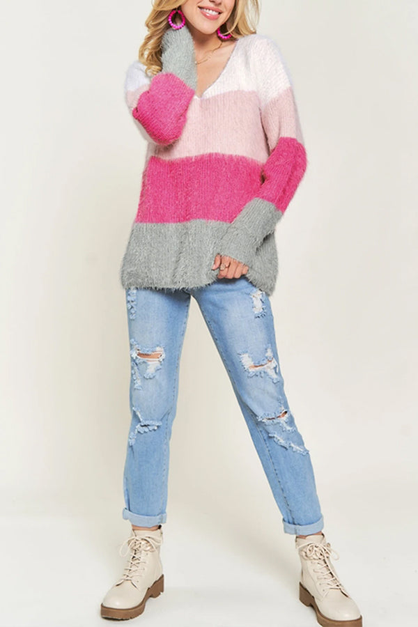 Striped Colorblock V Neck Knitted Fuzzy Sweater