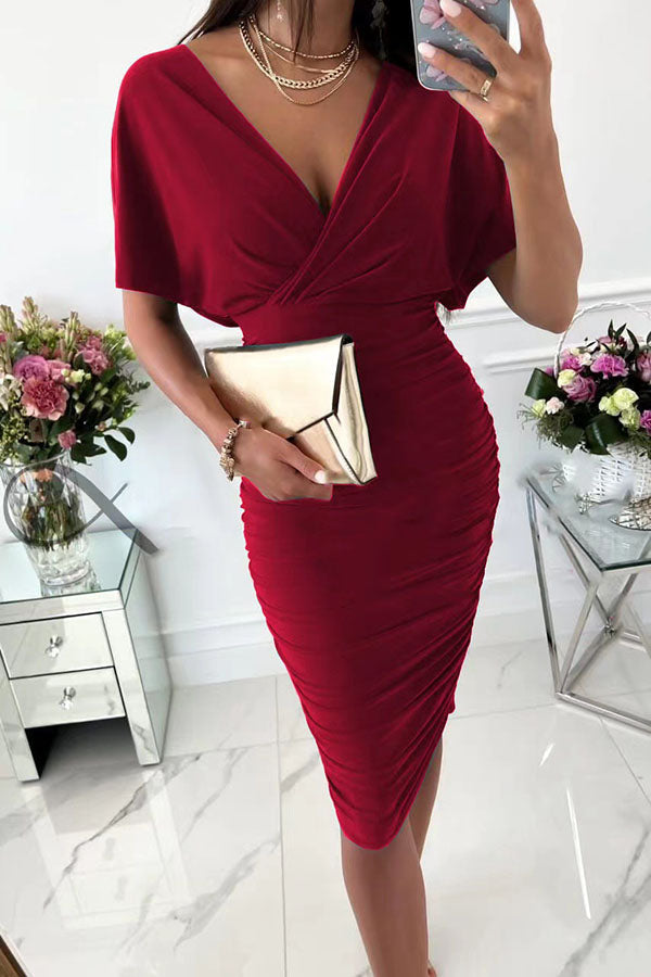 Gorgeous Day Batwing Sleeve Ruched Midi Dress