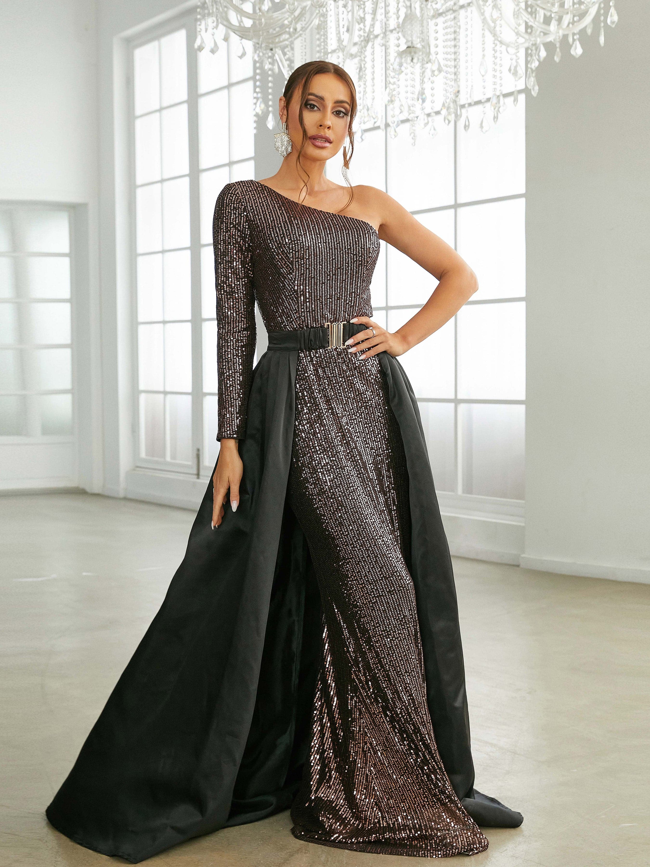 One Shoulder Cloak Maxi Sequin Prom Dress XHP2172