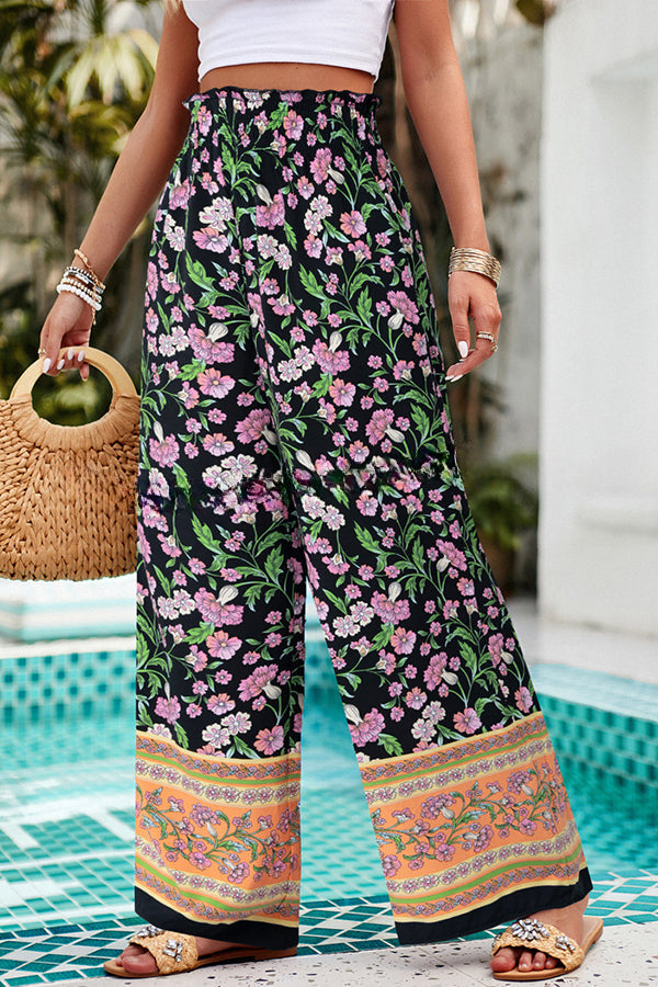 Floral Print Stretch Waist Pocket Wide Leg Pants