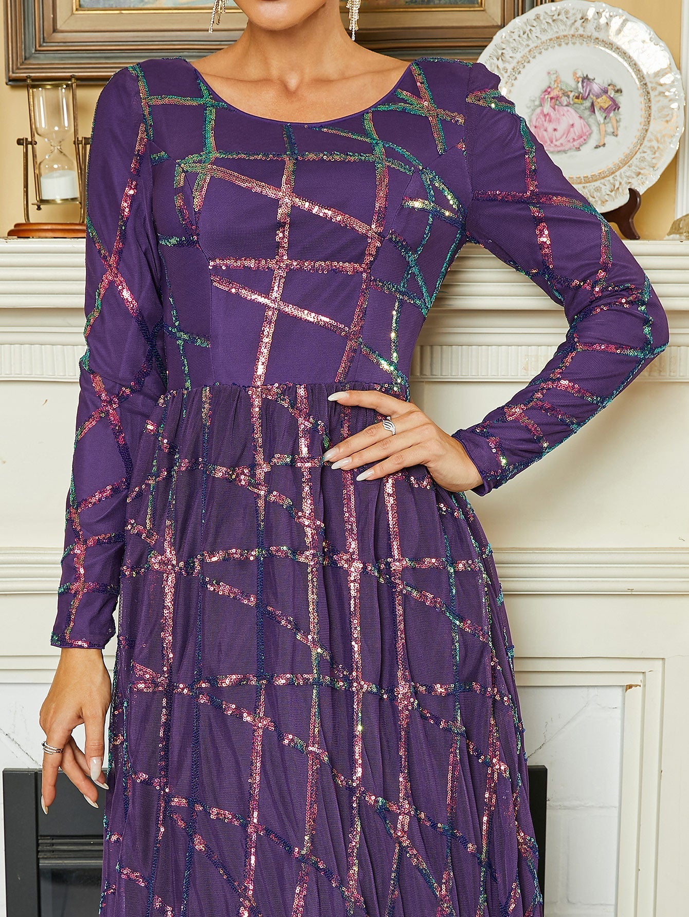 Crew Neck Long Sleeve A-Line Sequin Purple Prom Dress RJ10207