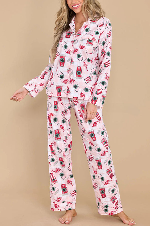 Need The Caffeine Print Elastic Waist Pocketed Dust Pajama Set