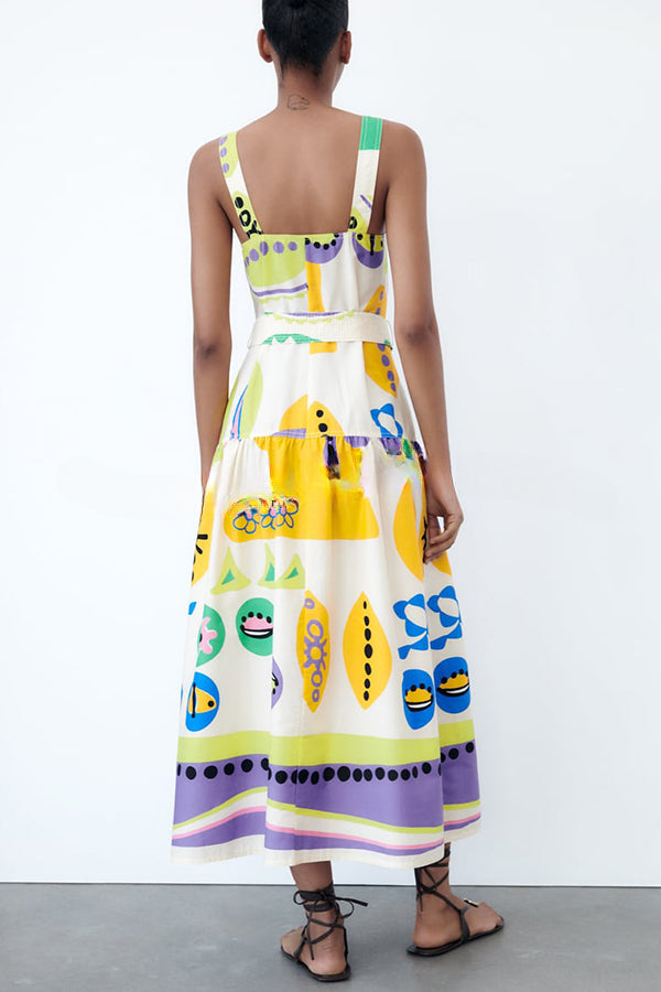 Summer Picnic Unique Print Straight Neck Button Belted Midi Dress