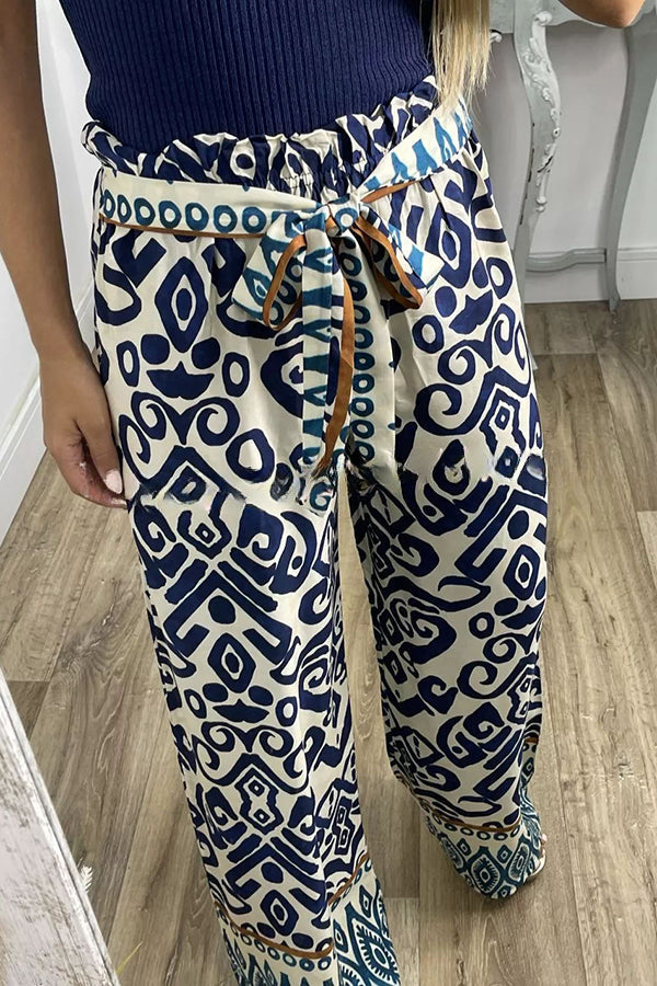 Cecilia Ethnic Print Tie Front Elastic Waist Wide Leg Pants