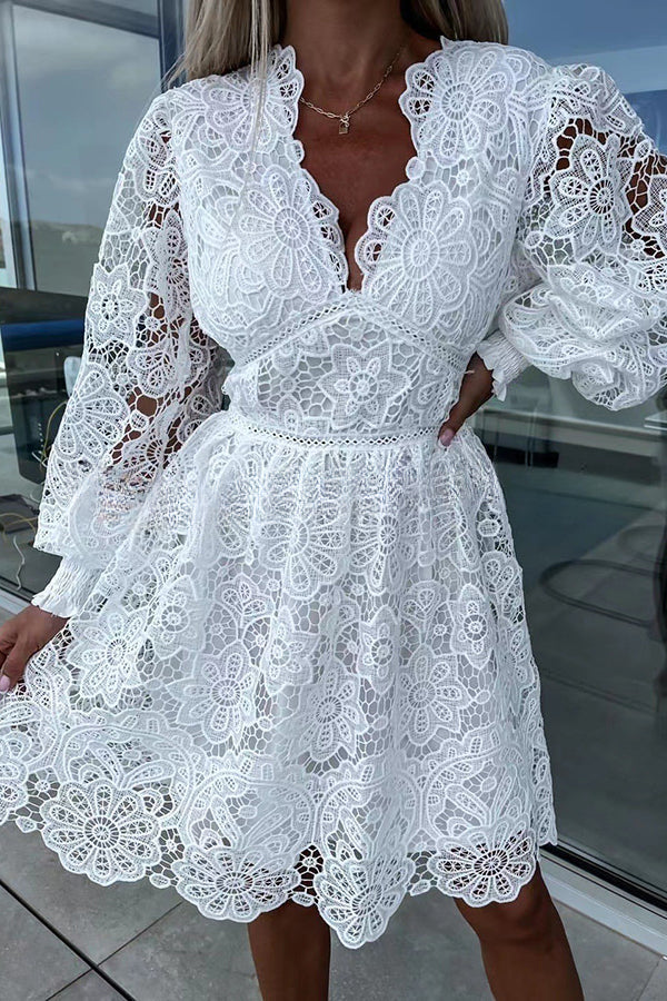 Luxe Debut Floral Crochet Lace Lantern Sleeve Mini Dress