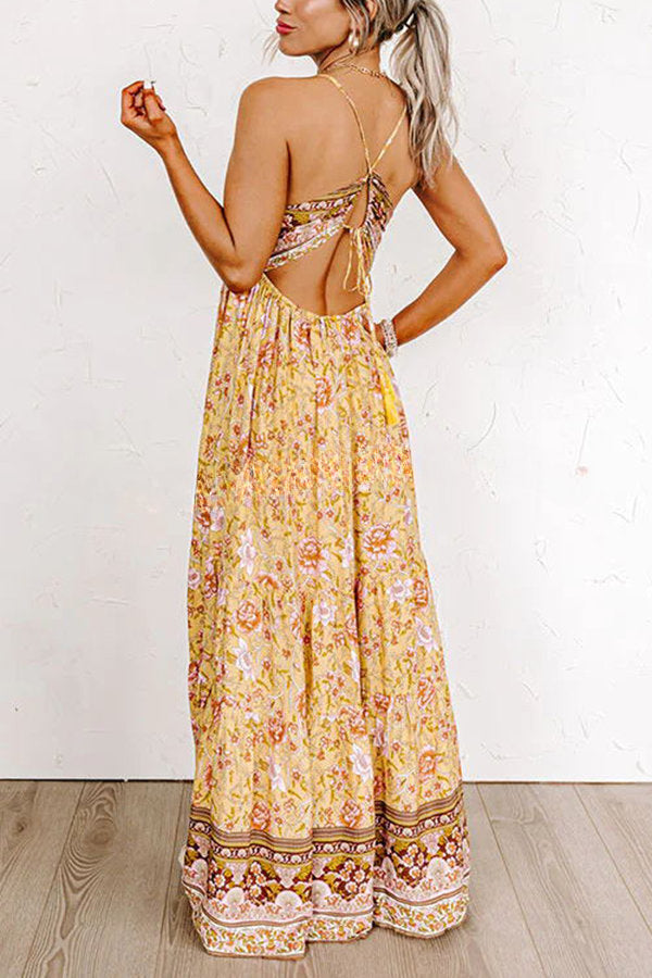 Sunny Day Darling Boho Printed Back Adjustable Tie Maxi Dress