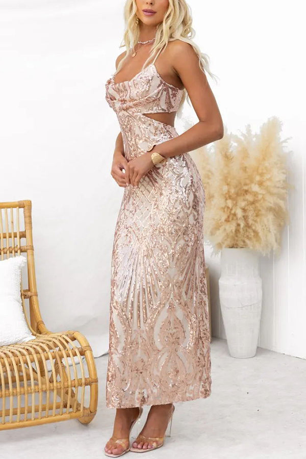 Phenomenal Feeling Sequin Printed Cowl Neck Cutout Waist Maxi Dress