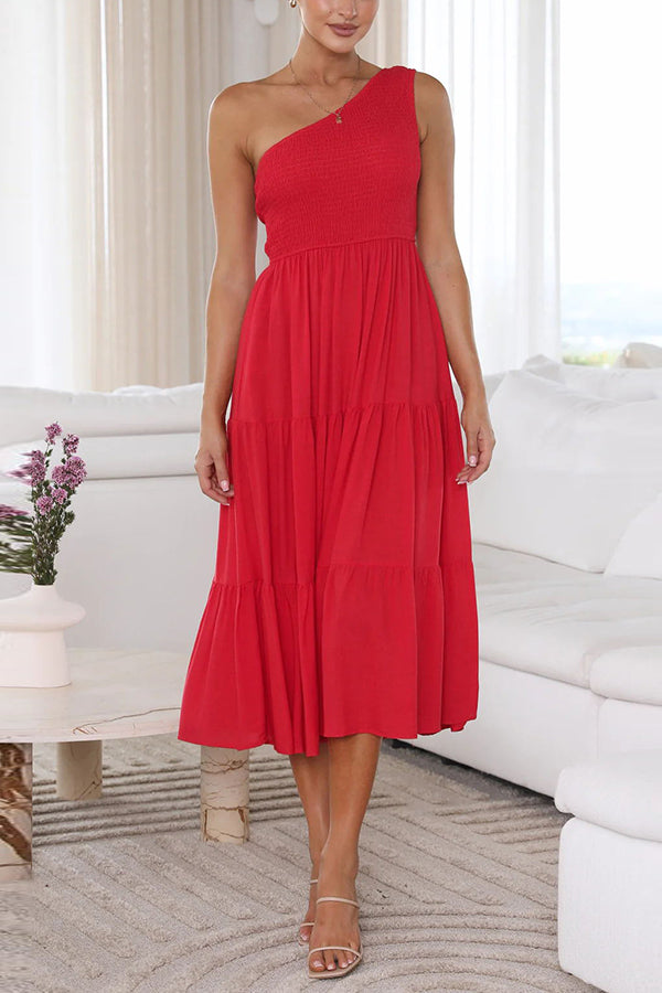 Simply Charmed Pocketed Smocked One Shoulder Tiered Midi Dress