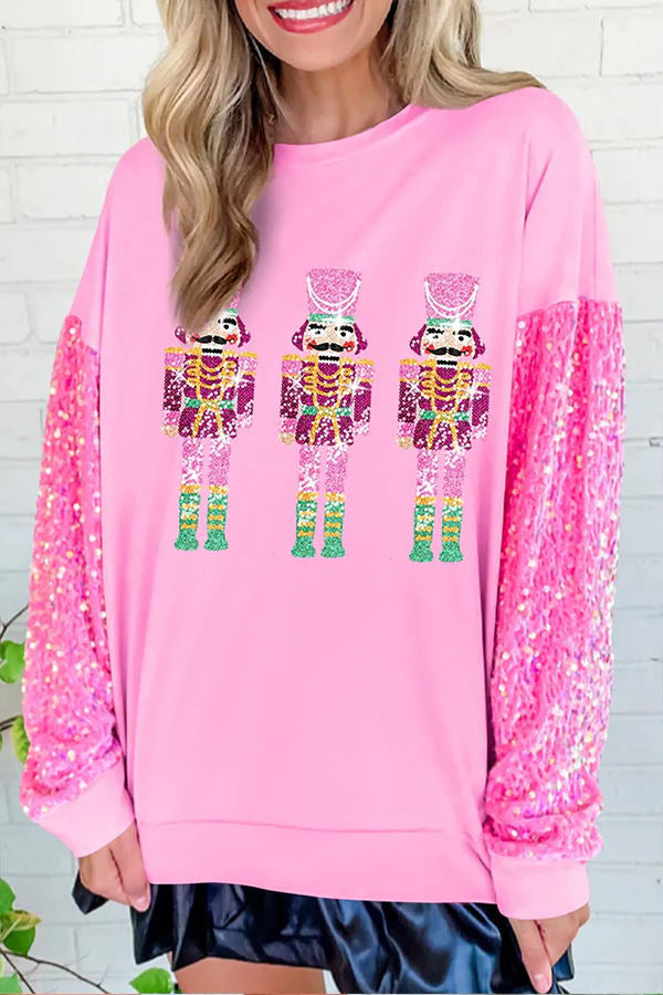 Pink Nutcracker Sequined Sleeve Patchwork Sweatshirt