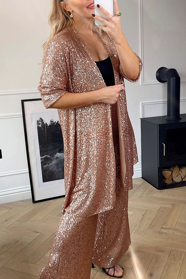 Shine Bright Sequin Half Sleeve Open Front Drape Midi Kimono