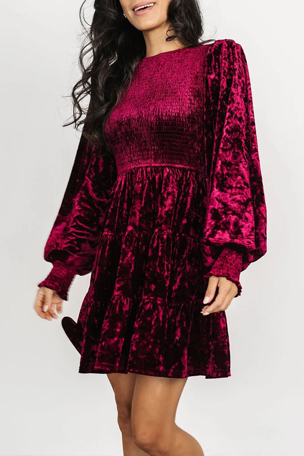 Kele Velvet Balloon Sleeve Patchwork Smocked Crew Neck Mini Dress