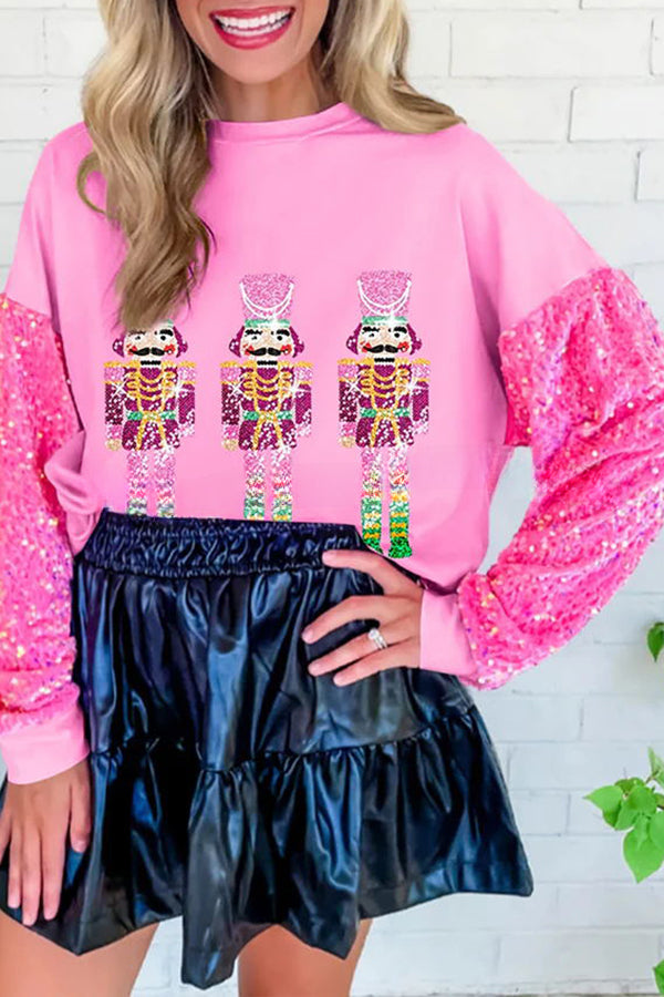 Pink Nutcracker Sequined Sleeve Patchwork Sweatshirt