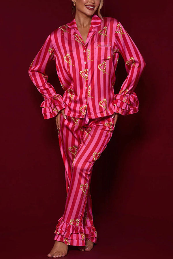 Festive Season Long Candy Stripe Tiered Bell Cuffs Elastic Waist Pocketed Pajama Set