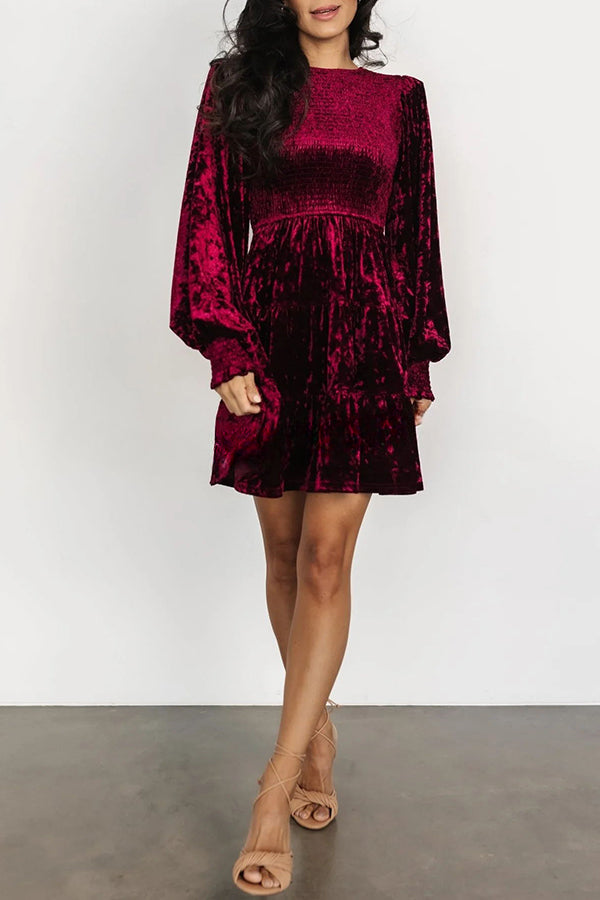 Kele Velvet Balloon Sleeve Patchwork Smocked Crew Neck Mini Dress