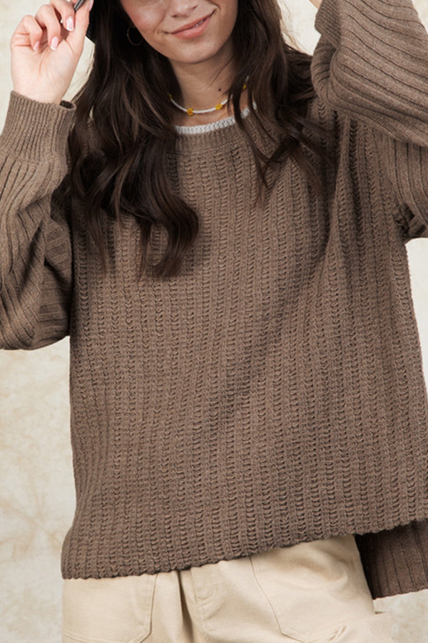 Smoke Gray Ribbed Contrast Neckline Drop Sleeve Sweater