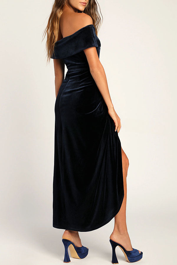 Enchanted Black Velvet Off The Shoulder Midi Dress