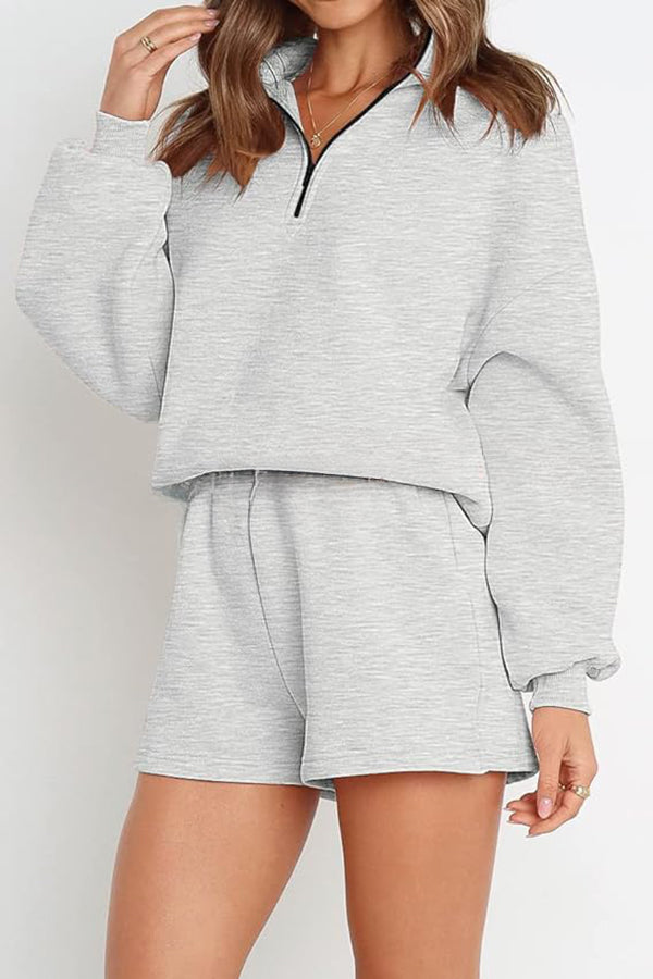 Super Comfortable Pullover Zipper Sweatshirt and Pocket Elastic Waist Shorts Set