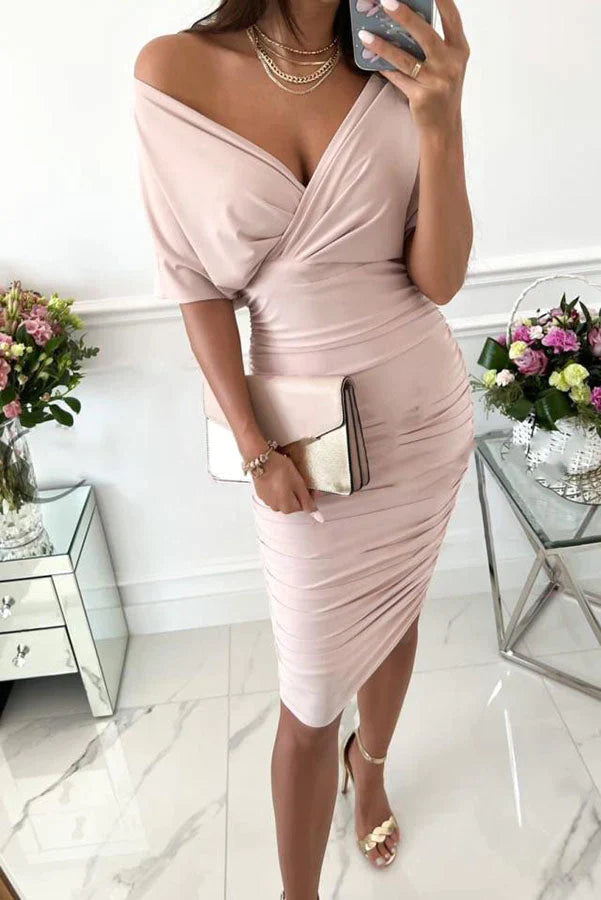 Gorgeous Day Batwing Sleeve Ruched Midi Dress