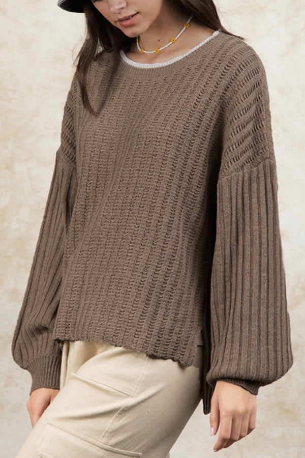 Smoke Gray Ribbed Contrast Neckline Drop Sleeve Sweater