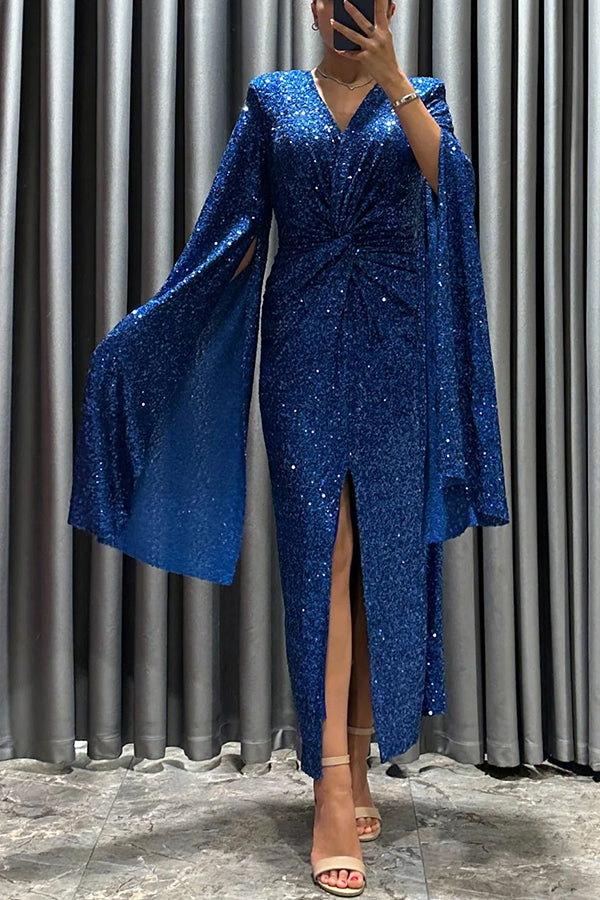 Spotlight Darling Sequin Cape Sleeve Cross Waist Slit Evening Midi Dress