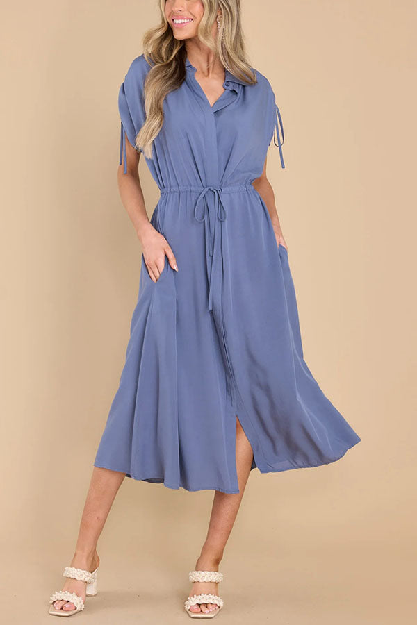 My Favorite Moments Pocketed Ruched Adjustable Waist Midi Dress