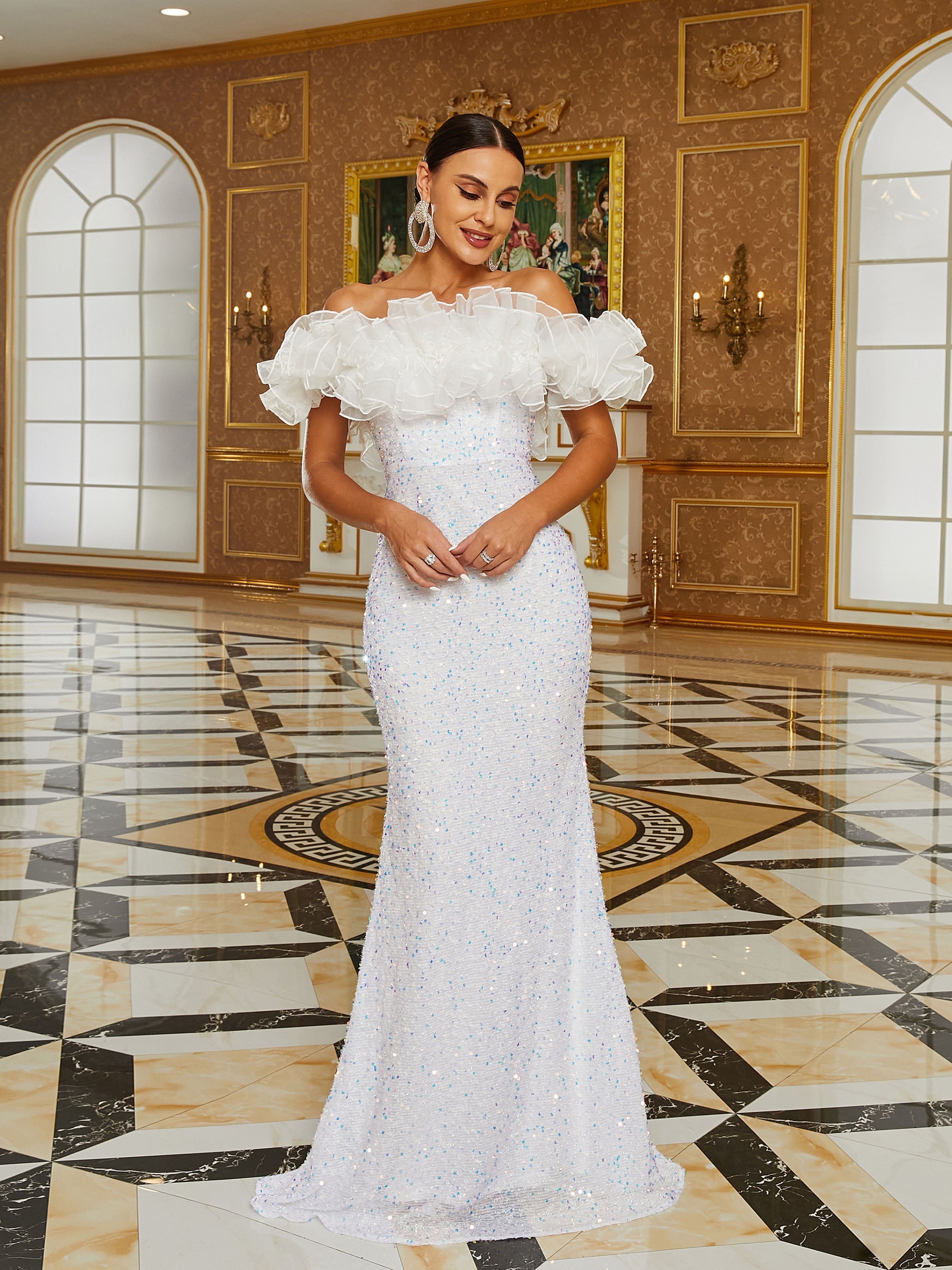 Off The Shoulder Ruffle Maxi White Evening Dress RJ10593