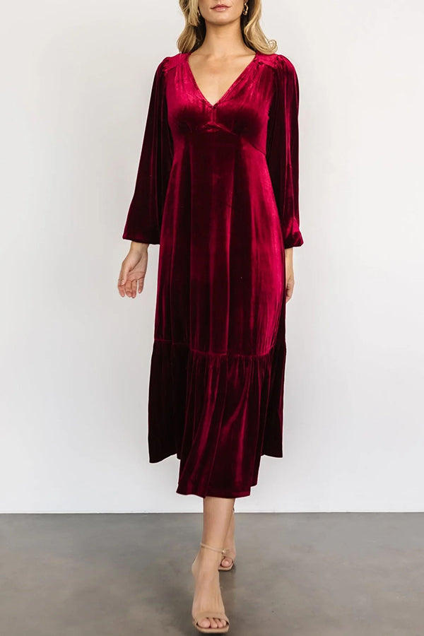 Erika Puff Sleeved Velvet Ruffled Midi Dress