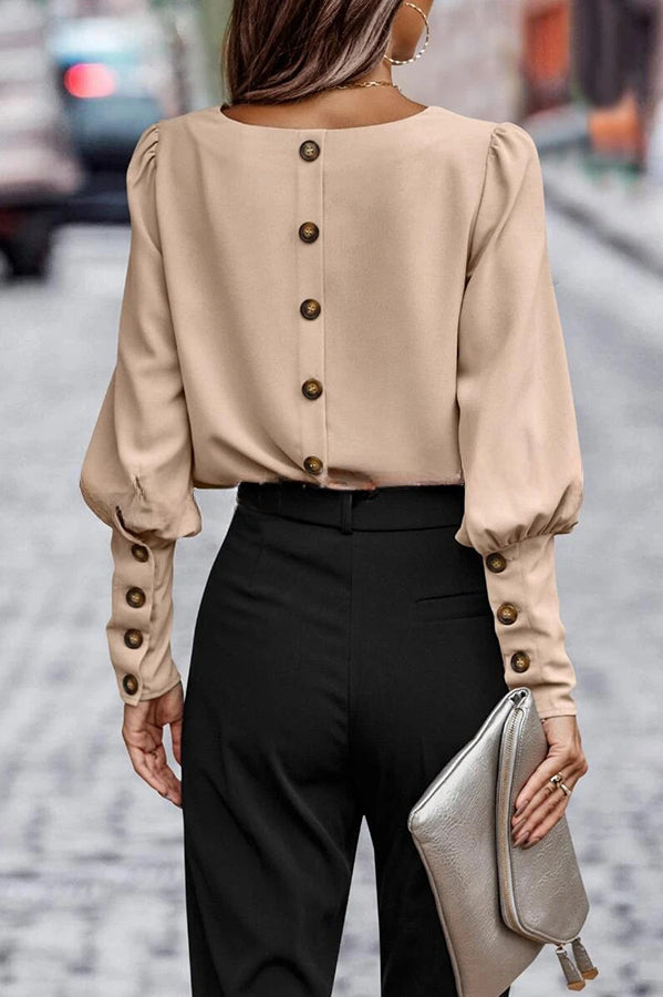 Long Sleeve Back Button Solid Color Casual Top