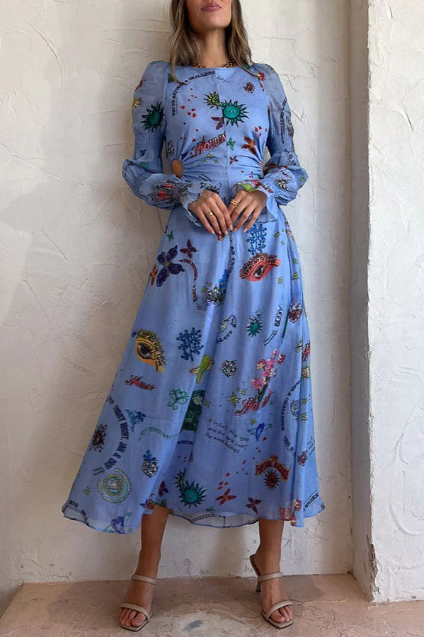 Special Holiday Linen Blend Unique Print Cut Out Puff Sleeve Lightweight Midi Dress