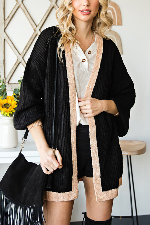 Black Bishop Sleeve Colorblock Open Front Cardigan Sweater