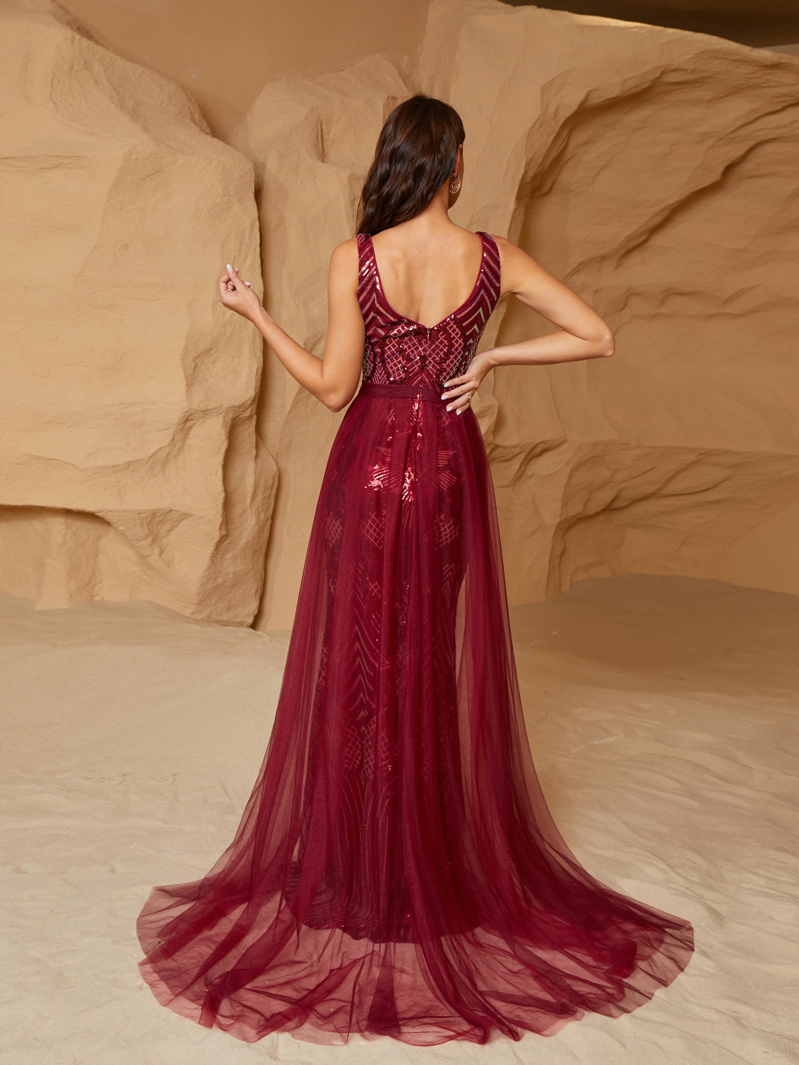 Formal Mesh Draped Sequin Burgundy Evening Dress RJ10863