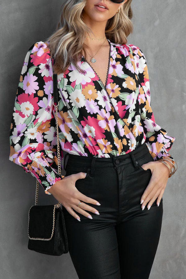 Floral V-neck Cross Design Balloon Sleeve Top