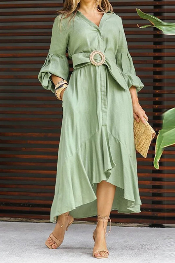 Full-Sleeve V Neck Belt Button Pocket Midi Dress