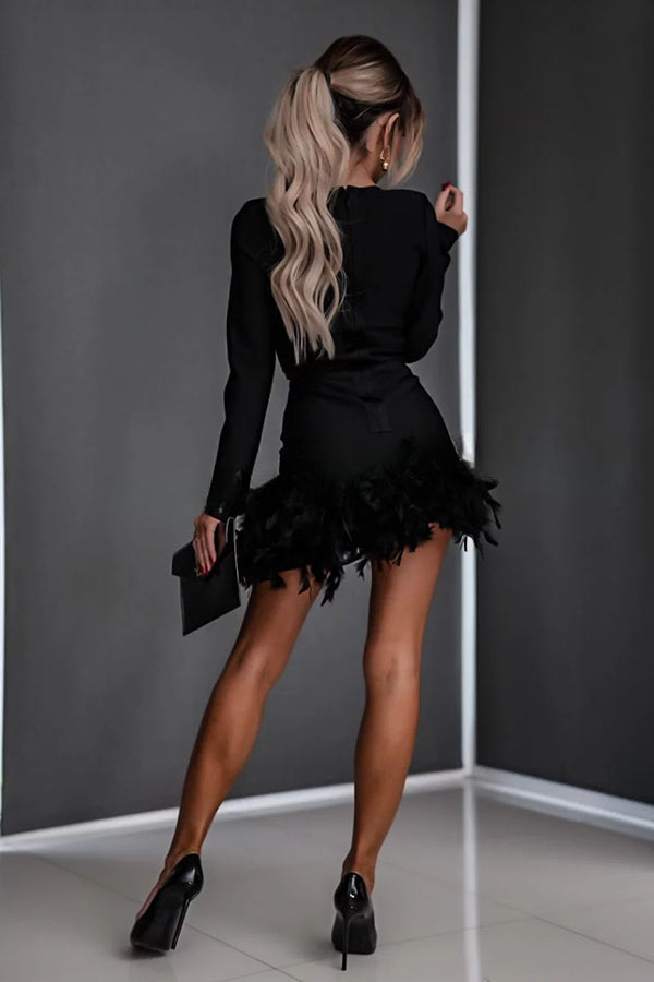 Make Your Entrance Feather Long Sleeve Asymmetric Party Mini Dress