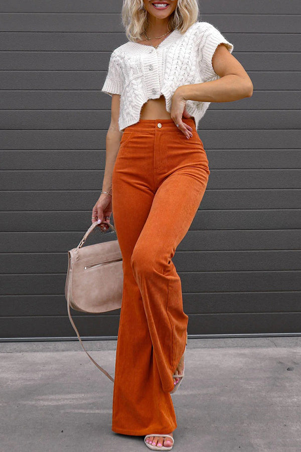 Corduroy Pockets Elastic Waist Button Wide Leg Pants