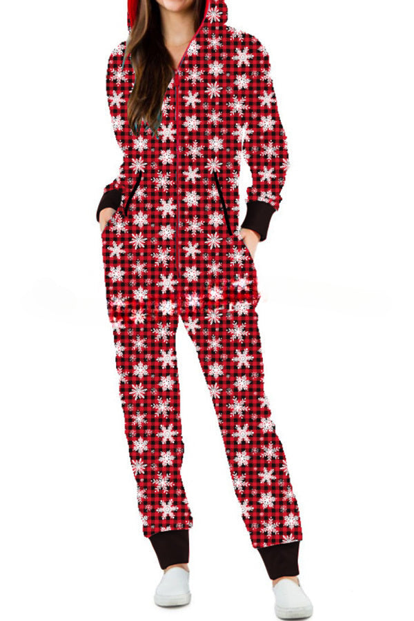 Christmas Print Zipper Pocketed Hooded Loungewear Jumpsuit